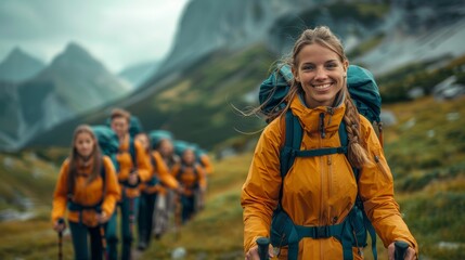 A vibrant and joyful group of hikers walking uphill, smiling and looking directly at the camera