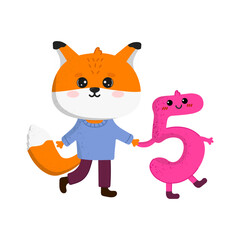 The fox holds the number five by the hand. Back to school. Cute kawaii animal. Vector flat illustration.