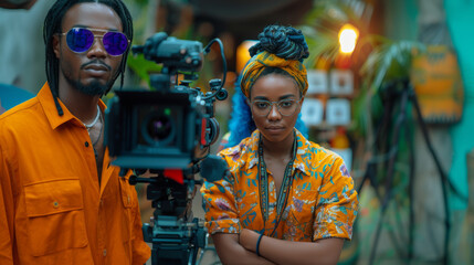 Young Cinematographer With Beard and Woman Assistant in Vibrant Orange Shirts Filming on Set