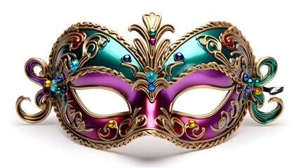 Elegant venetian mask with colorful feathers on white background