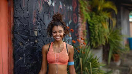 Fototapeta premium Smiling Young Black Fitness Woman in Sportswear Outdoors with Headphones