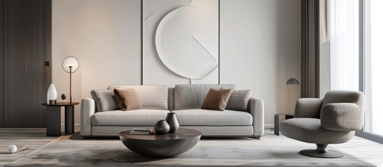 Interior of a modern living room with a stylish modular sofa, dark coffee table, light, upholstered chair, ornaments, artworks, and sophisticated personal items in contemporary home design. Model.