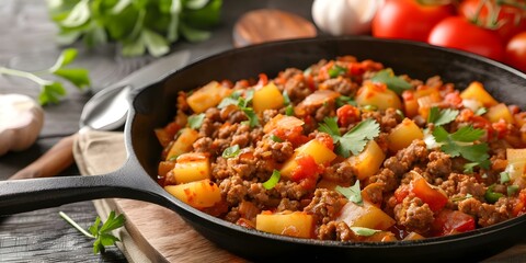 Fototapeta premium Traditional Costa Rican Dish Picadillo with Minced Meat and Chayote Squash. Concept Costa Rican Cuisine, Picadillo Recipe, Traditional Dish, Chayote Squash, Minced Meat