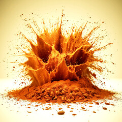 Explosion splash of ground coffee or cocoa powder with freeze isolated on background, pile of splatter of coffee grind dust powder, brown shattered beans.

