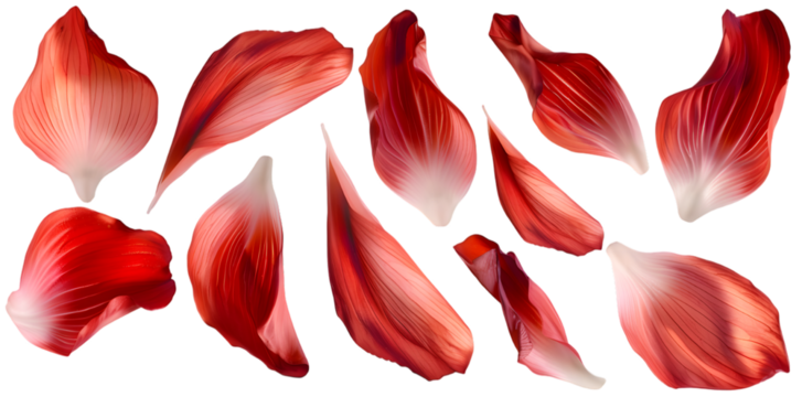 Collection of soft red flower petals isolated on transparent background