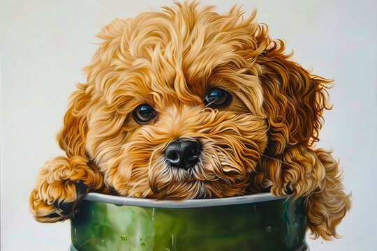 A painting of a brown dog in a green bucket.