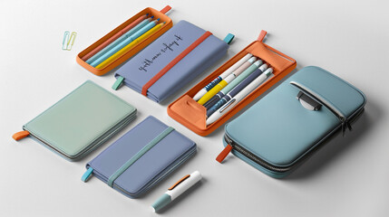 A set of personalized stationery including custom-printed notebooks, pens, and a pencil case, all featuring the recipient's name and favorite colors.