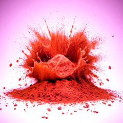 Explosion splash of ground coffee or cocoa powder with freeze isolated on background, pile of splatter of coffee grind dust powder, brown shattered beans.
