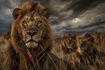 Lions in the savannah at sunset. Professional wildlife photography. 