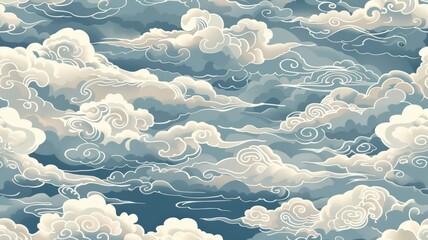 Seamless Pattern of Asian Style Clouds in Blue and White