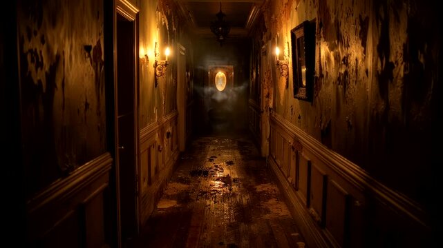 Gloomy corridor with dim lighting and shadows, horror video background
