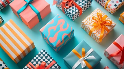 Obraz premium Colorful gift boxes with various patterns and ribbons arranged neatly on a vibrant turquoise background, creating a festive and cheerful atmosphere.