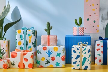Colorful gifts with decorative wrapping paper and small potted plants. Suitable for festive occasions and celebrations. Bright and cheerful.