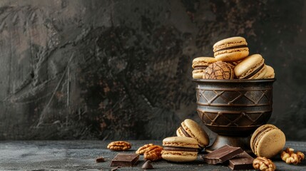 Macaroons with nuts and chocolate in vintage vase on black background vertical still life photo with empty space