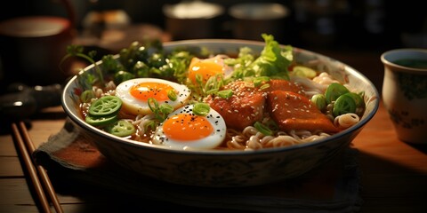 Arranged fruits vegetables and eggs on white table, pancakes topped with eggs and mixed vegetables, overhead shot of a beautifully arranged brunch table