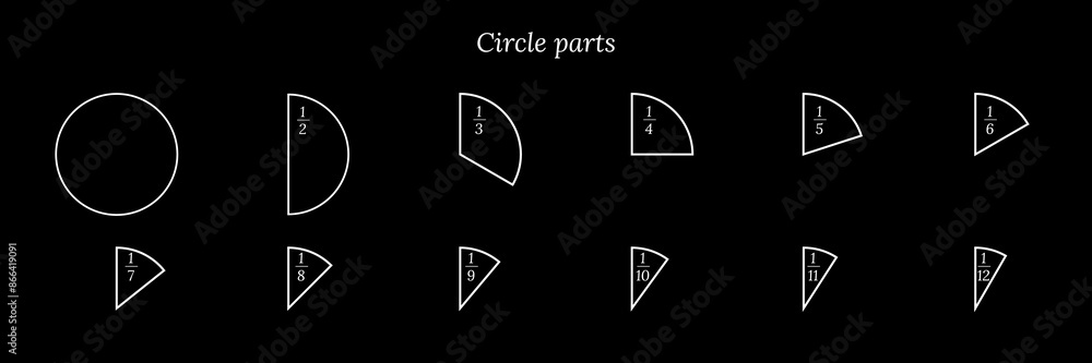 Poster pie chart divided in segments from 1 to 12. pizza slices. segments of circle pie isolated on black b