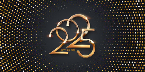 2025 gold numbers on New Year greeting card vector template. Festive Christmas social media banner design with halftone and congratulations. Golden numbers with confetti on black background