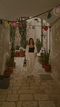 Young hispanic woman walking through the charming cactus-filled streets of polignano a mare, puglia, italy, smiling in a courtyard adorned with potted plants and festive decorations.