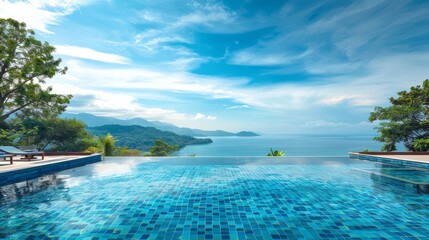 Infinity Pool overlooking ocean and mountains with blue sky and fluffy clouds. Beautiful swimming pool with stunning view on tropical island. Relaxing vacation concept.