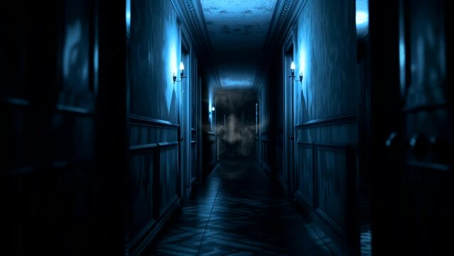 Dimly lit eerie hallway with mysterious atmosphere, horror video background