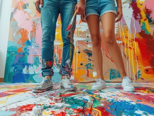 Obraz premium Creative Couple Painting a Colorful Cupboard in Urban Loft Setting with Artistic Splashes and Brushes, Generative Ai