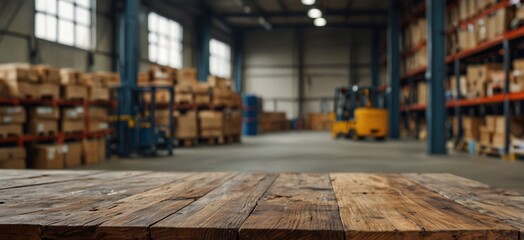 Empty wood table top with blur background of warehouse of factory. The table giving copy space for placing advertising product on the table