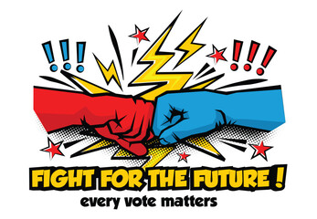 Fight between blue and red fists. Presidential elections, Democrats versus Republicans. Vector in popart style on transparent background