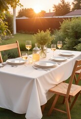 A romantic dinner in the garden, sunset moment
