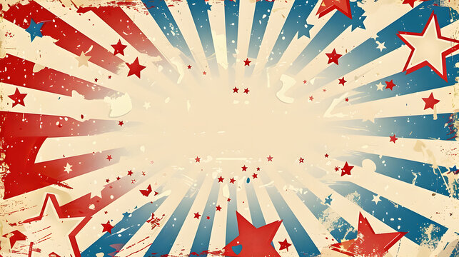 Blank vintage card for a festive Memorial Day Sale, featuring patriotic icons, stars, and stripes, in colorful styles, blank template design with space for text in center for text