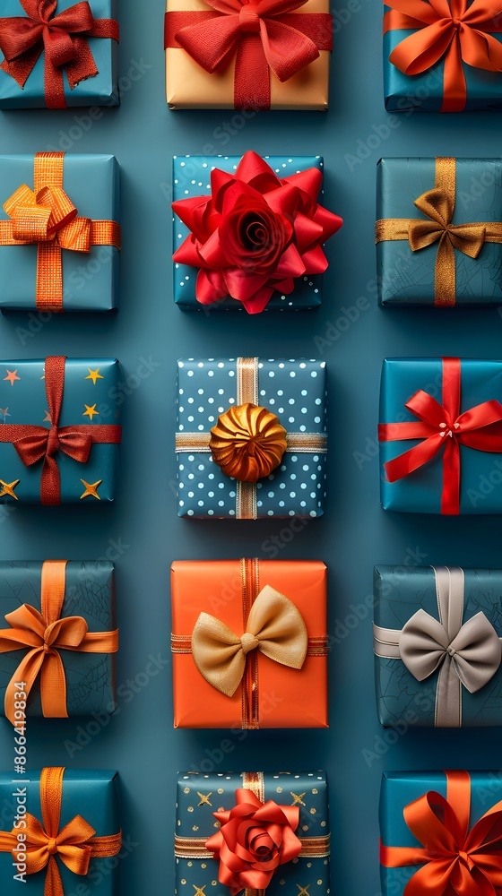 Poster colorful wrapped gift boxes neatly arranged in a grid pattern, showcasing various ribbon styles and 