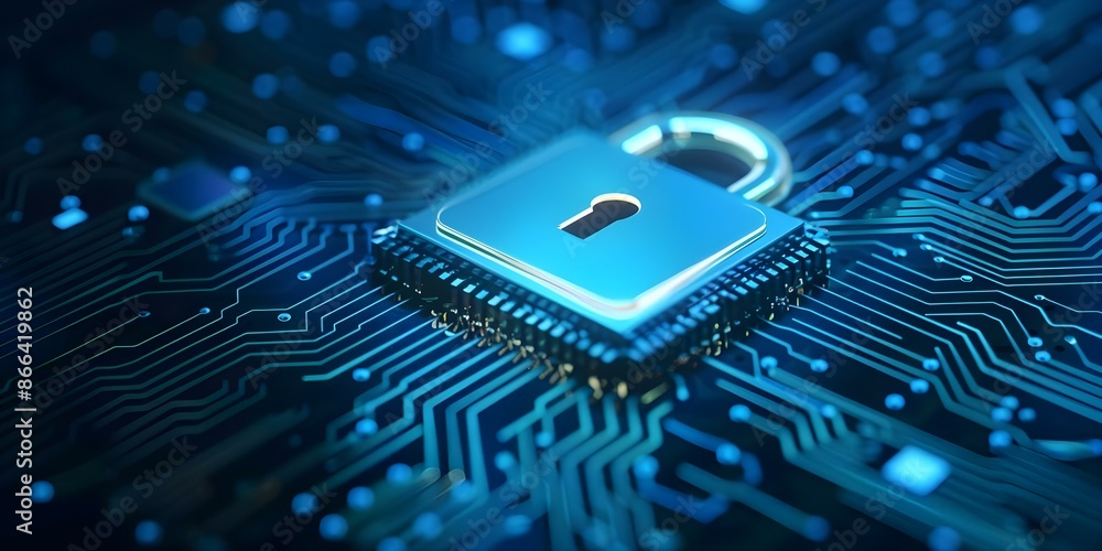 Poster dark blue backdrop enhances network security protocols to safeguard data and prevent breaches. conce
