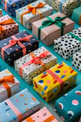 Colorful wrapped gift boxes neatly arranged on a blue background, featuring a variety of patterns and ribbons, ideal for festive celebrations.