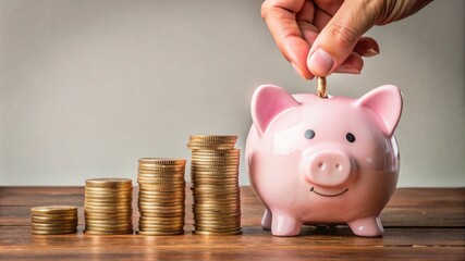 hand putting a coin into pink piggy bank with coins pile. a pile of coins, business, investment, finance, and Money Saving for the future concepts