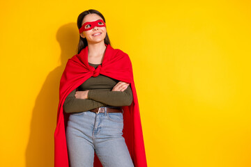 Photo of attractive teen woman look empty space confident superman dressed stylish khaki clothes...
