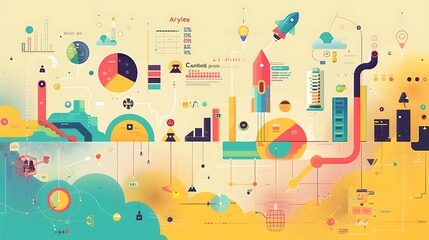 Vibrant infographic showcasing a startups growth stages from ideation to scaling with visual elements like graphs charts and milestones highlighting business development and innovation