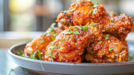 Fototapeta premium Juicy delicious cooked chicken wings in breading on plate