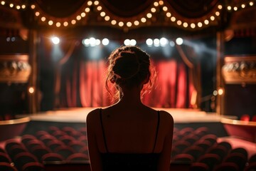 Person sits facing an empty stage in a theater, capturing a moment of expectant silence