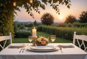 Fototapeta premium A romantic dinner in the garden, sunset moment 