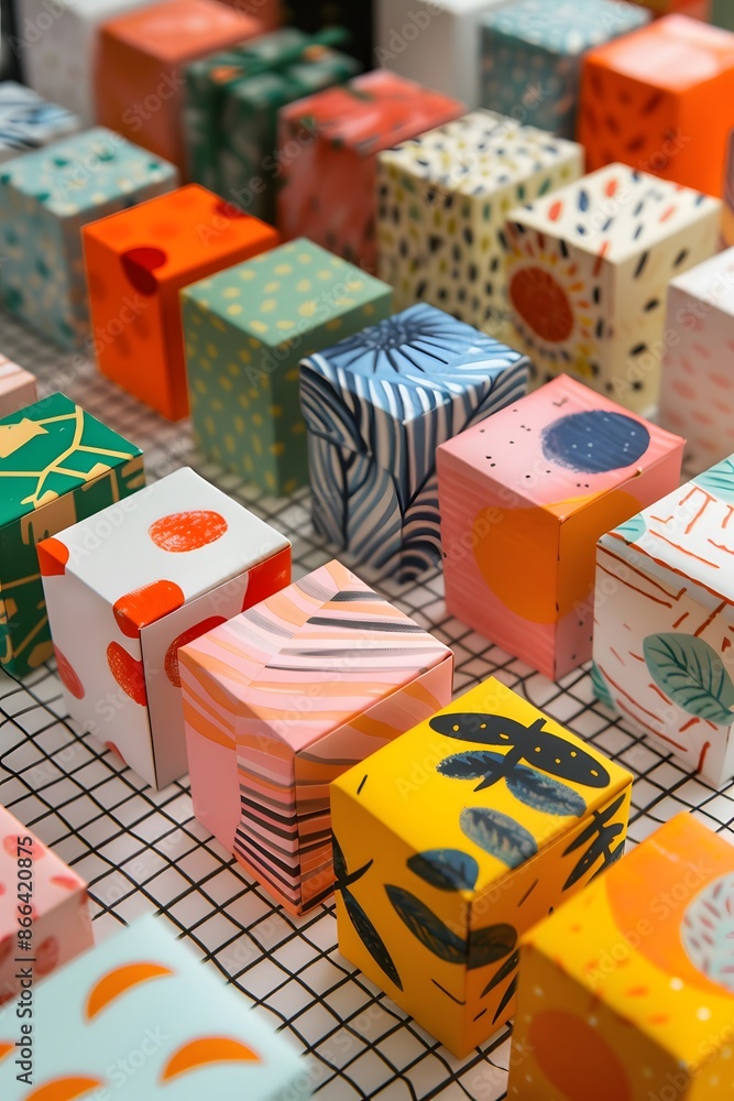 Poster colorful, patterned gift boxes arranged in rows on a grid surface, creating a vibrant and playful di