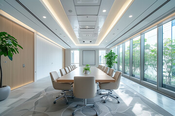 Spacious meeting room with a long conference table and minimalist design, Neutral tones and simple decor for a clean, professional look.