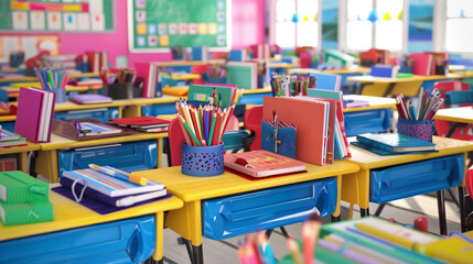 A vibrant classroom filled with neatly arranged desks, colorful textbooks, and school supplies perfectly organized on each desk, with a bright and cheerful bulletin board in the background.