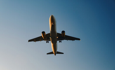The image shows an airplane captured from a ground perspective, looking up towards the sky. The aircraft appears to be in mid-flight, with the landing gear extended, suggesting it is either about 
