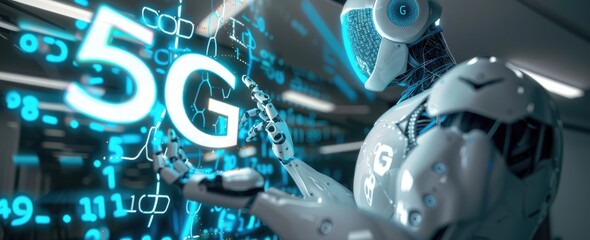 Fototapeta premium Robot Interacting with 5G Technology