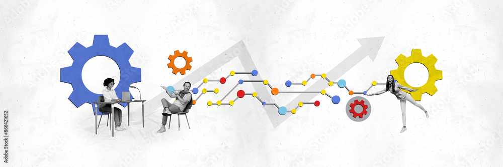 Poster trend sketch image photo collage of horizontal panorama trader job business stats graphics team coll