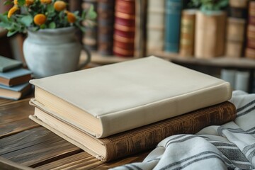 Two Books Resting On A Wooden Tabletop Near A Bookcase