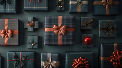 Elegant holiday presents with plaid and ribbon designs arranged on a dark surface, perfect for Christmas and festive celebrations.