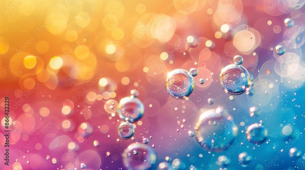 Poster abstract background of colorful bubbles with rainbow bokeh. sparkling and shimmering water drops wit