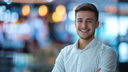 Fototapeta premium Smiling young man news anchor in white shirt against TV studio background