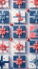 Obraz premium Festive gift boxes adorned with ribbons in blue and pink. Perfect for holidays, birthdays, or celebrations. Stylish and elegant design.