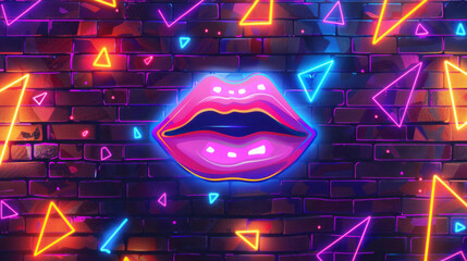 Neon lips and geometric shapes on a brick wall background pattern, illuminated by neon lights, creating a vibrant and playful design.